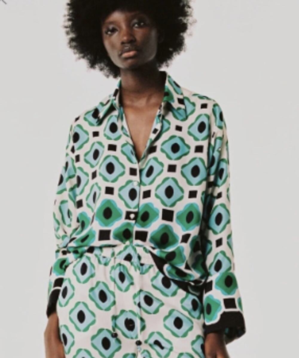 Zara Geometric Print Satin Button Up Blouse Green Blue Black M